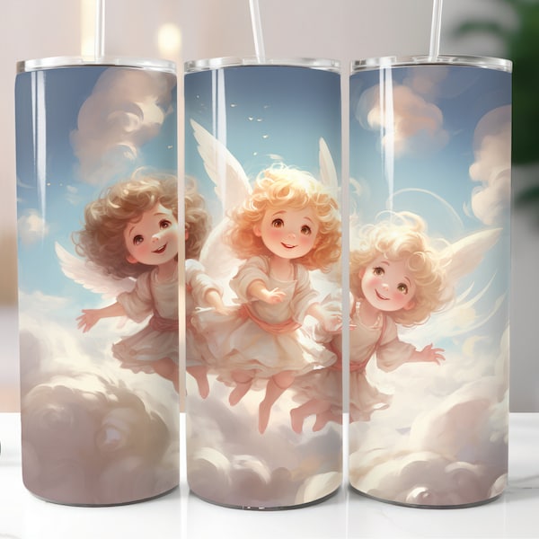 3D Angels Tumbler Wrap Bundle 20oz Skinny Tumbler Cute Angelic Sublimation Tumbler Angel Clouds Design PNG