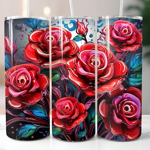 3D Roses Tumbler Wrap 20oz Straight Skinny Graffiti Colorful Flowers Tumbler Colorful Nature Design PNG