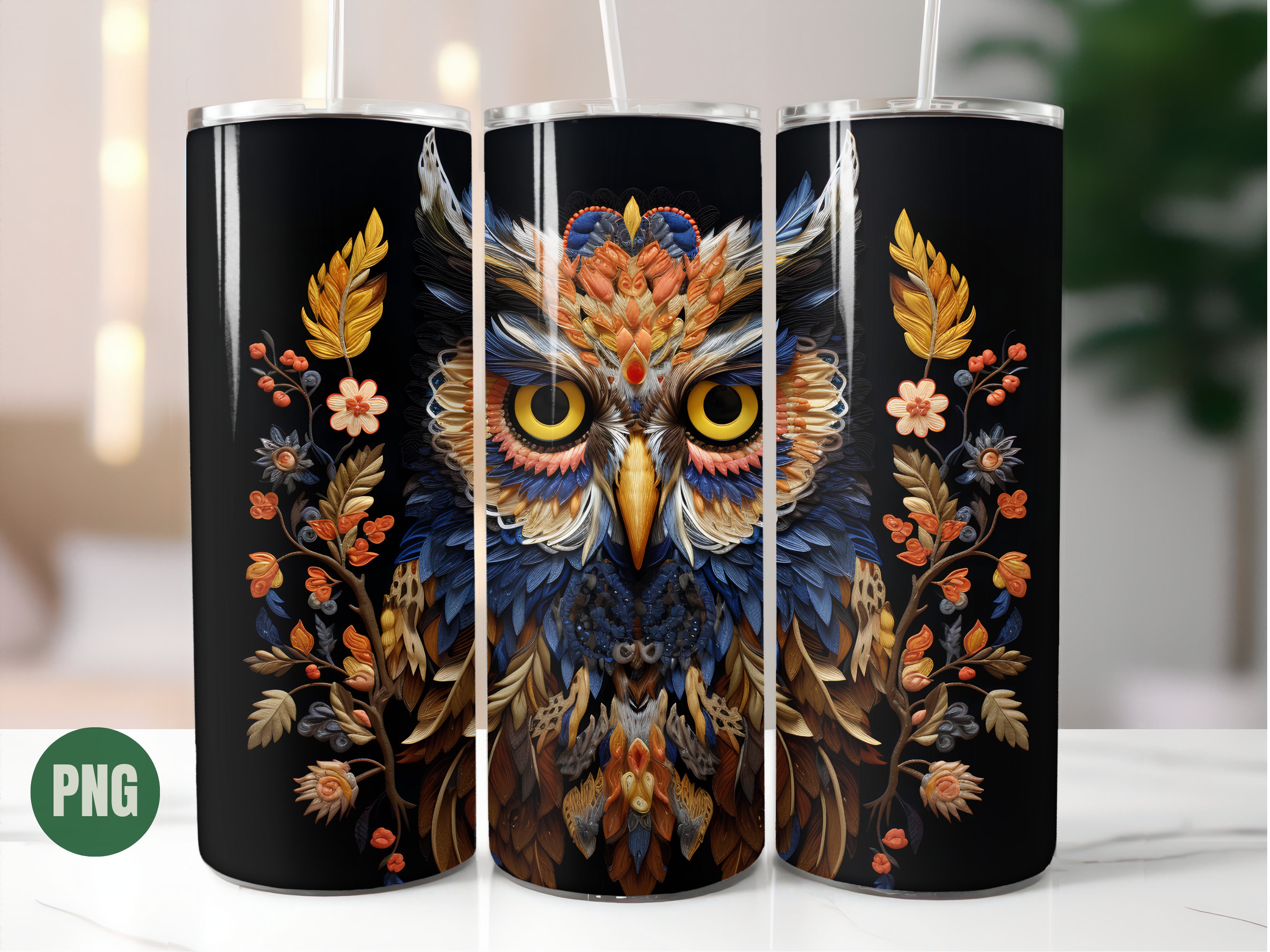 3D Embroidered Owl Tumbler Wrap 20oz Straight Skinny Tumbler Owl Sublimation Design Embroidery PNG