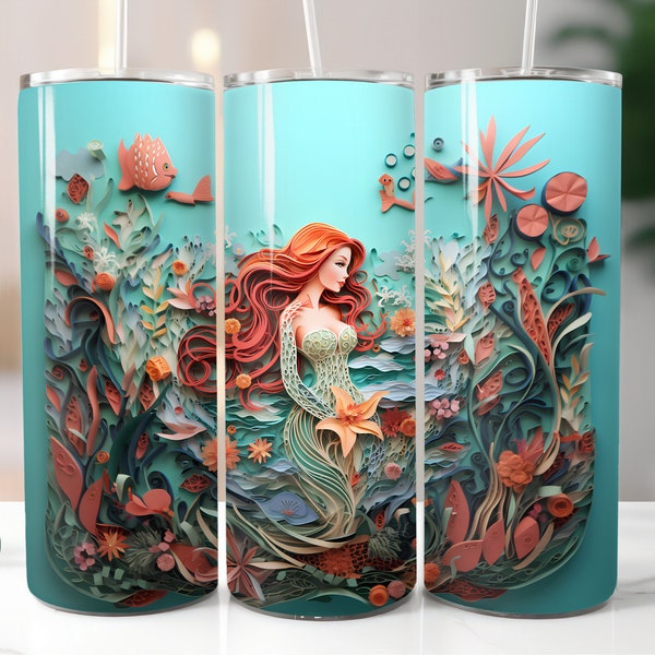 Quilled Mermaid Tumbler Wrap Digital Download 20oz Skinny Pastel 3D Mermaid Tumbler Wrap Underwater World Sublimation Straight Design PNG