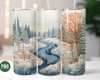 3D Winter Wonderland Embroidery Tumbler Wrap 20oz Straight Skinny Tumbler Embroidered Night Winter Snow Landscape Sublimation Design PNG