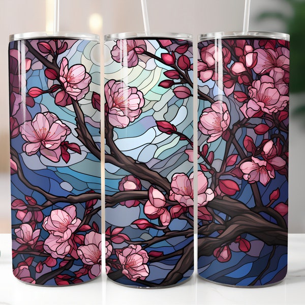 3D Stained Glass Cherryblossom Tumbler Wrap 20oz Straight Skinny Tumbler Colorful Cherry Blossom Branch Sublimation Design PNG