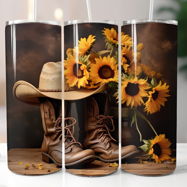 3D Cowboy Becher Wrap 20oz Skinny Tumbler Cowboystiefel Cowboyhut Tumbler Sonnenblumen Design PNG