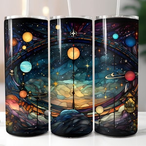 3D Stained Glass Galaxy Tumbler Wrap 20oz Straight Skinny Tumbler Colorful Planets Stars Sublimation Design PNG