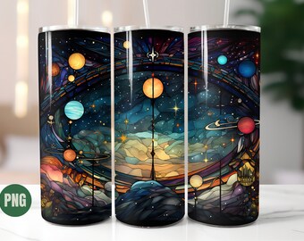 3D Stained Glass Galaxy Tumbler Wrap 20oz Straight Skinny Tumbler Colorful Planets Stars Sublimation Design PNG