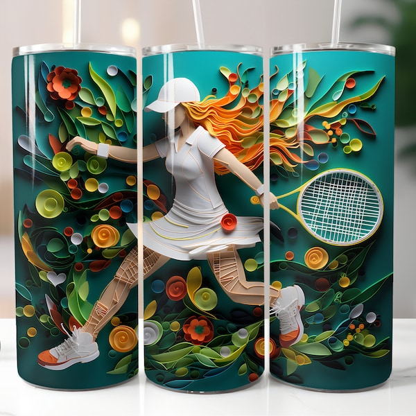 3D Tennis Girl Tumbler Wrap 20oz Straight Skinny Tumbler Quilled Paper Tennis Sublimation Design PNG