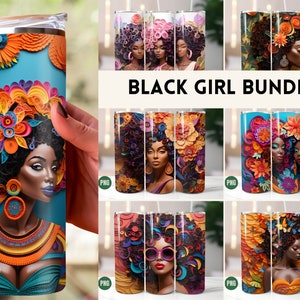 3D Black Woman Tumbler Bundle Quilled Paper Digital Download Skinny 20oz Tumbler Wrap Black Girl PNG Sublimation Afro American