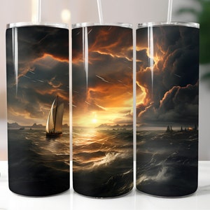 May include: Three stainless steel tumblers with a dark sky and ocean scene. The scene features a sailboat with white sails and a sunset with orange and yellow clouds.