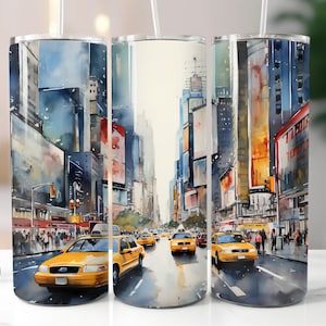 3D New York Tumbler Wrap 20oz Straight Skinny City Tumbler Yellow Cabs Tumbler NYC Design PNG
