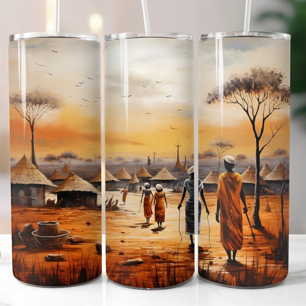 Village africain 3D Tumbler Wrap Téléchargement numérique 20 oz Skinny 3D Black Woman Tumbler Wrap Afrique Peinture à l'huile Sublimation Design droit PNG