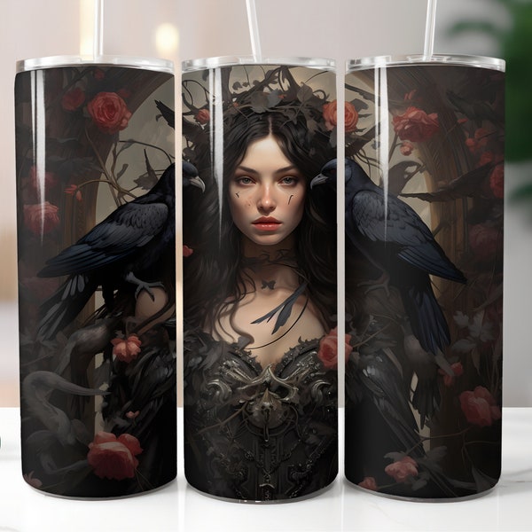 Ethereal Princess Tumbler Wrap Phantasy Girl Téléchargement numérique Skinny 20oz Tumbler Wrap Angelic Witch Crows Roses Sublimation Design PNG