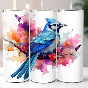 3D Watercolor Blue Jay Tumbler Wrap 20oz Straight Skinny Bird Tumbler Colorful BlueJay Bird PNG