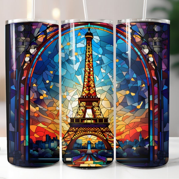 3D Stained Glass Paris Tumbler Wrap 20oz Straight Skinny Tumbler Eiffel Tower Sublimation Design PNG