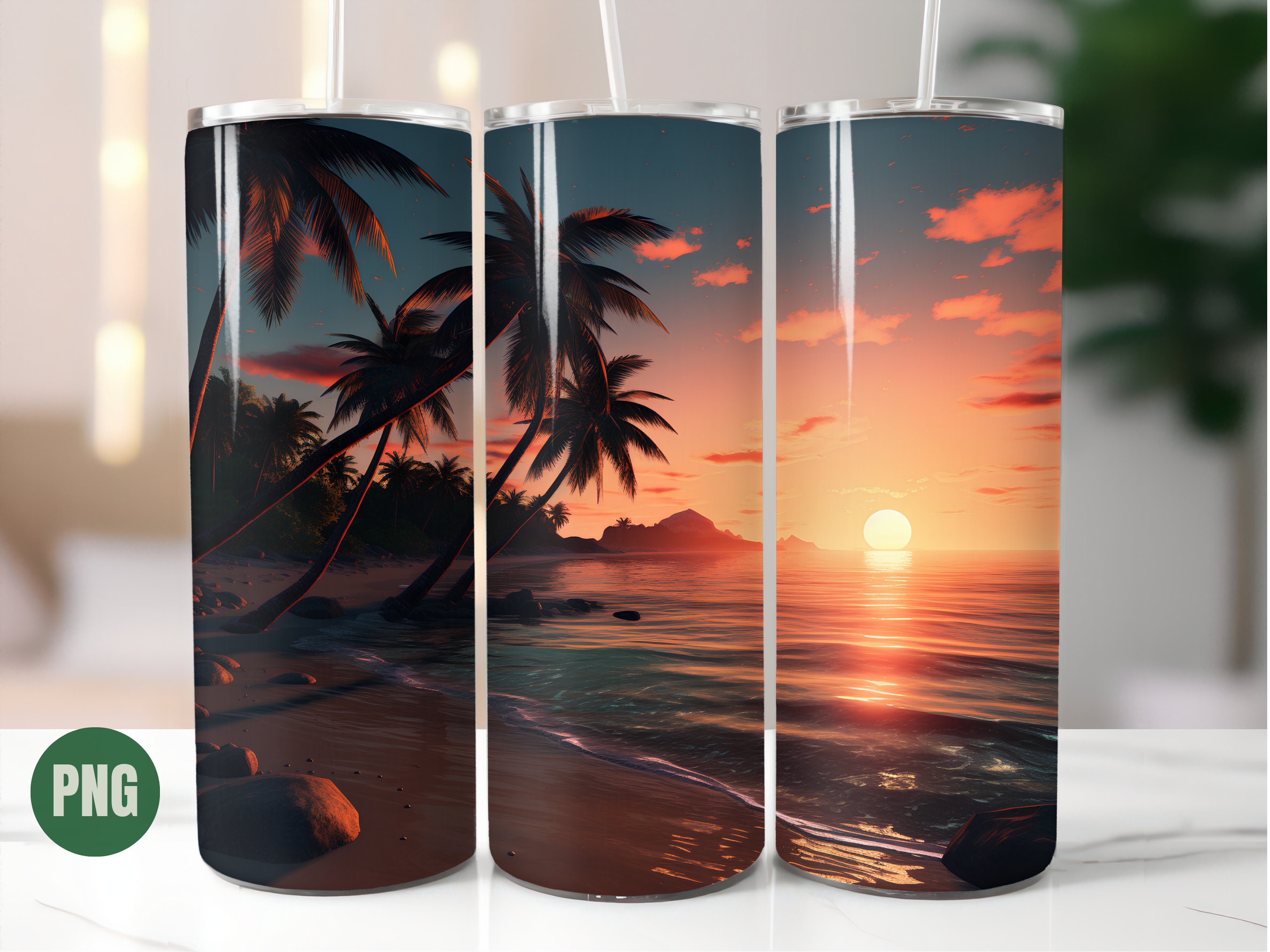 3D Sunset Beach Tumbler Wrap 20oz Skinny Tumbler Palm Trees Tumbler ...