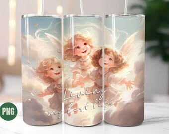 3D Angels Tumbler Wrap Bundle 20oz Skinny Tumbler Cute Angelic Sublimation Tumbler Angel Clouds Life Quote Design PNG