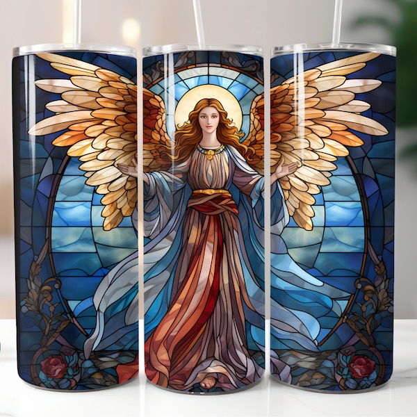 3D Gebrandschilderd glas Angel Tumbler Wrap 20oz Rechte Skinny Tumbler Kleurrijke Heilige Engelachtige Sublimatie Ontwerp PNG