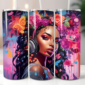 3D Black Music Woman Tumbler Wrap Graffiti 20oz Skinny Tumbler Afro American Sublimation Straight Black Girl DJ Tumbler Melanin Queen PNG