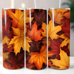 3D Autumn Leaves Tumbler Wrap Bundle 20oz Skinny Leaf Print Tumbler Sublimation Tumbler Orange Brown Fall Design PNG