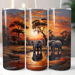 3D African Savannah Elephants Tumbler Wrap Digital Download 20oz Skinny 3D Sunset Tumbler Wrap Black People Sublimation Straight Design PNG