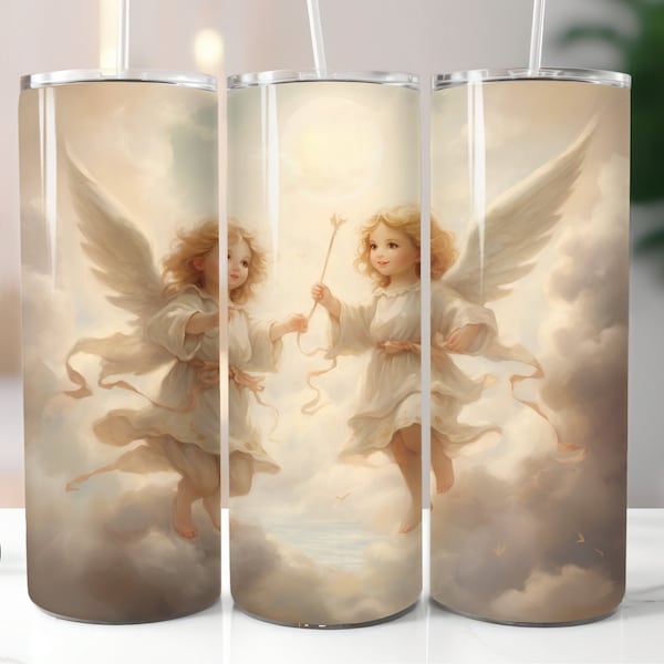 3D Angels Tumbler Wrap Bundle 20oz Skinny Tumbler Cute Angelic Sublimation Tumbler Angel Clouds Life Quote Design PNG