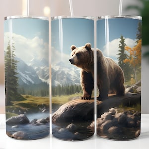 3D Bear Tumbler Wrap 20oz Straight Skinny Tumbler Mountains Nature Sublimation Design PNG