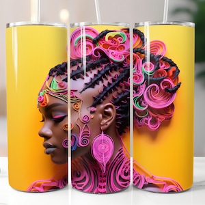 3D Black Girl Tumbler Wrap 20oz Skinny Tumbler Sublimation Tumbler Design Cornrows Black Woman with Braids Colorful Download PNG