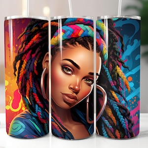 3D Black Girl Tumbler Wrap 20oz Straight Skinny Tumbler Quilled Paper Afro American Melanin Queen Rasta Braids Sublimation Design PNG
