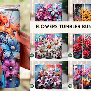 3D Flower Tumbler Wrap Bundle 20oz Skinny Floral Print Tumbler Sublimation Flowers Tumbler Sunflower Roses Tulips Lilies Daisies Design PNG
