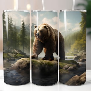 3D Bear Tumbler Wrap 20oz Straight Skinny Tumbler Mountains Nature Sublimation Design PNG