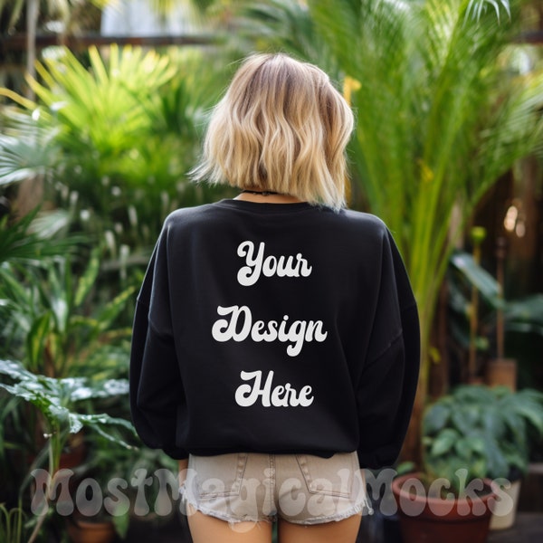 Gildan 18000 Sweatshirt Mockup, Gildan Black Crewneck Mockup, Simple Girl Mockup, Black Oversized Gildan Sweater Mockup, Model Mockup Back