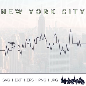 New York City Skyline Battito cardiaco Svg NYC Clip Art Punti di riferimento Silhouette Grafica vettoriale Cricut Cut File Svg Png Jpg Eps Dxf Download immediato