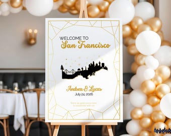 Panneau de bienvenue pour mariage à San Francisco | Ligne d'horizon géométrique moderne (modèle canva)