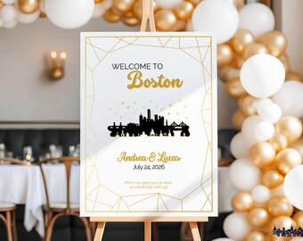 Panneau de bienvenue pour mariage Boston Skyline | Modèle géométrique doré, modifiable (PDF)