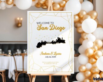 Panneau de bienvenue pour mariage à San Diego | Géométrique moderne, ligne d'horizon dorée (modèle canva modifiable)