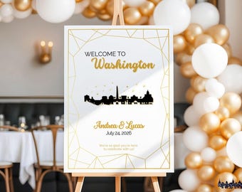 Panneau de bienvenue pour mariage à Washington D.C. | Ligne d'horizon dorée (modèle de toile)