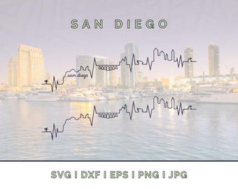 Vecteur de battement de coeur de la ligne d'horizon de San Diego : silhouette des monuments (téléchargement numérique)