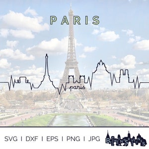 Ligne d'horizon de Paris battement de coeur Svg Paris Clip Art monuments Silhouette graphiques vectoriels Cricut coupe fichier Svg Png Jpg Eps Dxf téléchargement immédiat
