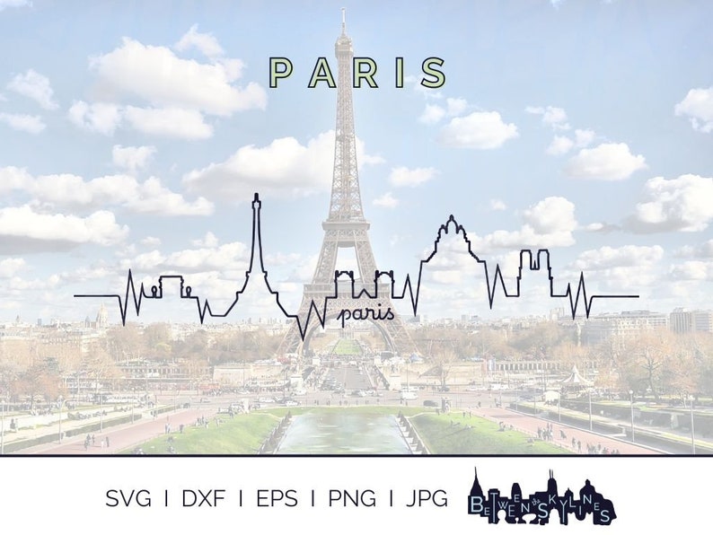 Paris Skyline Heartbeat: Landmarks Silhouette Vector SVG, PNG, JPG ...