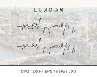 London Skyline Herzschlag: Wahrzeichen Silhouette Vektor SVG, PNG, JPG (Digitaler Download für Cricut etc.)