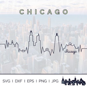 Chicago Skyline Heartbeat Svg Chicago Clip Art Marcos Silhueta Gráficos vetoriais Cricut Cut Arquivo Svg Png Jpg Eps Dxf Download instantâneo