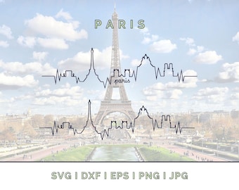 Battements de coeur sur la ligne d'horizon de Paris : silhouette vecteur de points de repère SVG, PNG, JPG (téléchargement numérique pour Cricut, etc.)