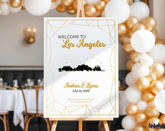 Panneau de bienvenue pour mariage à Los Angeles | Ligne d'horizon géométrique dorée (modèle canva)