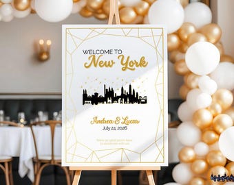 Panneau de bienvenue pour mariage à New York | Ligne d'horizon dorée, modèle de toile modifiable (PDF)