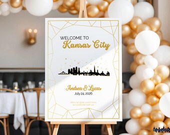 Panneau de bienvenue pour mariage à Kansas City | Ligne d'horizon dorée, géométrique (modèle canva modifiable)