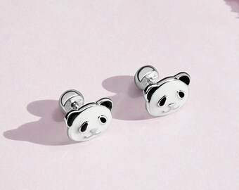 925 Sterling Silver Girls Panda Bear Enamel Safety Push Back Stud Earrings - Bear Animal Stud Earrings For Children - Kids Panda Earrings