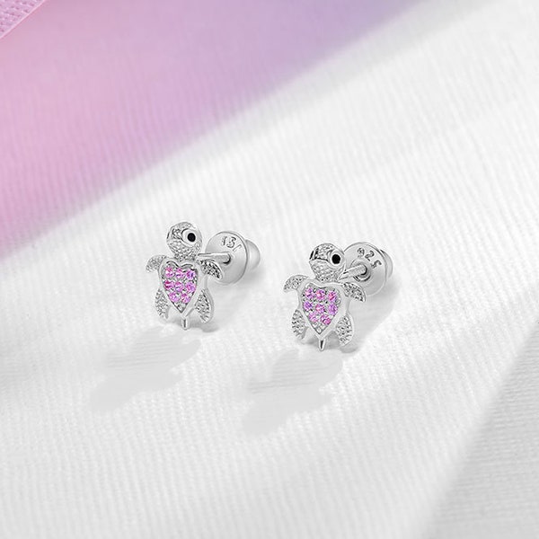 925 Sterling Silver Children's Small Sea Turtle Earrings with Safety Screw Backs - Colorful Sea Life Screw Back Earrings For Girls