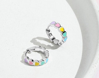 925 Sterling Silver Girls Multicolored Tiny Enamel Heart Huggie Hoop Earrings - Adorable Tiny Heart Enamel Hoop Earrings For Children