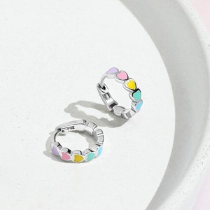 925 Sterling Silver Girls Multicolored Tiny Enamel Heart Huggie Hoop Earrings - Adorable Tiny Heart Enamel Hoop Earrings For Children