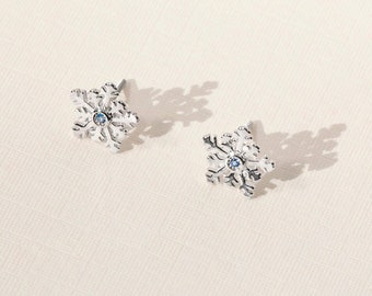 925 Sterling Silver Children's Cubic Zirconia Small Winter Snowflake Screw Back Earrings - Little Girls Snowflake Christmas Earrings