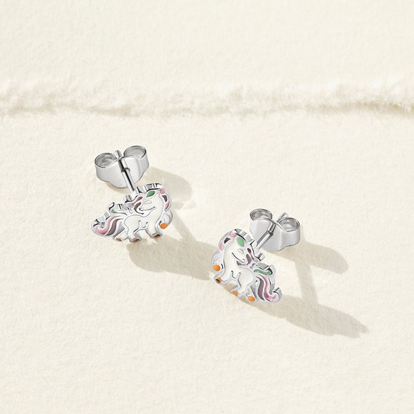 925 Sterling Silver Children's Rainbow Enamel Unicorn Stud Earrings - Magical Rainbow Unicorn Push Back Earrings For Girls - Unicorn Studs